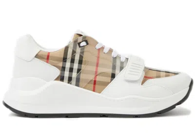 Pre-owned Burberry Men's  Check And Leather Sneaker Clear Check Sneakers In Beige/white/red In Multi