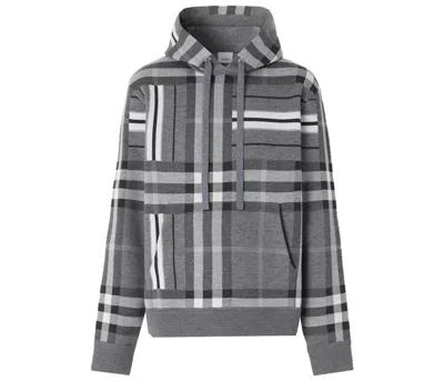 Pre-owned Burberry Men's  Check And Stripe Wool Blend Jacquard Hoodie In Dark Grey Melange