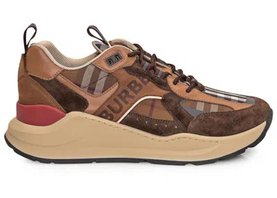 Pre-owned Burberry Men's  Check And Suede Sneakers In Dark Birch Brown