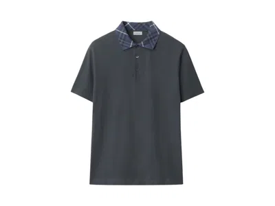 Pre-owned Burberry Men's  Check Collar Polo Shirt In Magnet In Metallic
