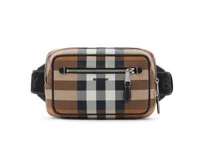 Pre-owned Burberry Men's  Check Cotton Canvas And Leather Bum Bag In Birch Brown