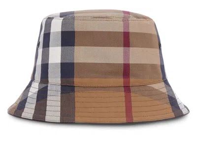 Pre-owned Burberry Men's  Check Cotton Canvas Bucket Hat In Birch Brown