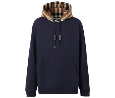 Pre-owned Burberry Men's  Check Hood Cotton Hoodie In Coal Blue