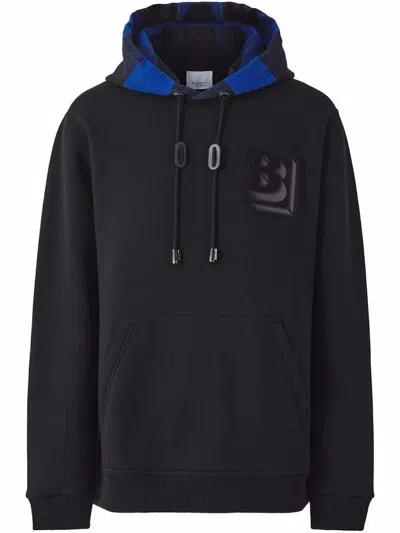 Pre-owned Burberry Men's  Check Hood Letter Graphic Hoodie In Black/blue