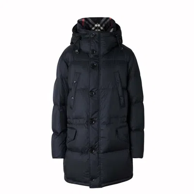 Pre-owned Burberry Men's  Check Hooded Puffer Long Down Jacket In Navy Blue