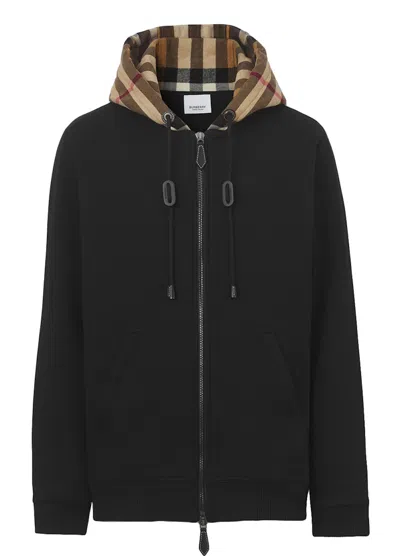 Pre-owned Burberry Men's  Check Hoodie Cotton Blend Zipfront Hoodieed Top In Black/archive Beige In Multi