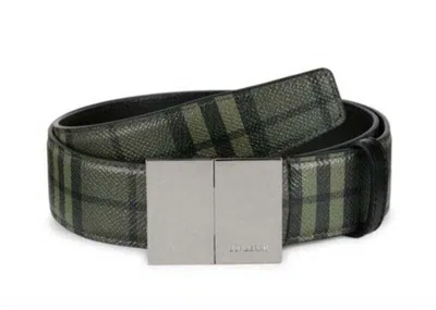Pre-owned Burberry Men's  Check Plaque Leather Belt In Military Green