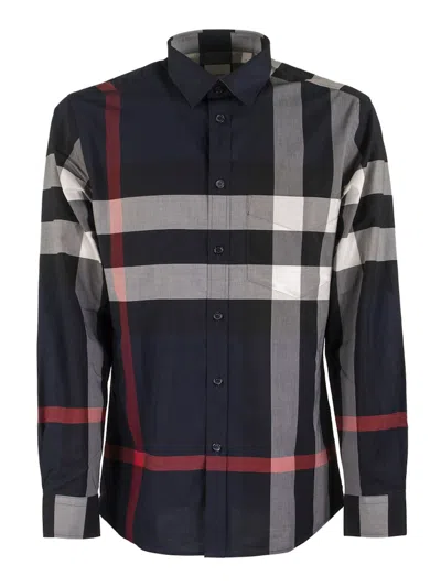 Pre-owned Burberry Men's  Check Stretch Cotton Poplin Shirt In Navy Blue