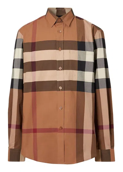 Pre-owned Burberry Men's  Check Stretch Poplin Long Sleeve Shirt In Brown