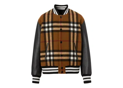 Pre-owned Burberry Men's  Check Technical Wool And Leather Bomber Jacket In Birch Brown