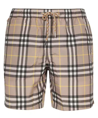 Pre-owned Burberry Men's  Checked Swim Shorts In Beige/yellow