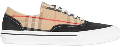 Pre-owned Burberry Men's  Cotton Suede Vintage Check Sneakers In Beige/black/white In Multi