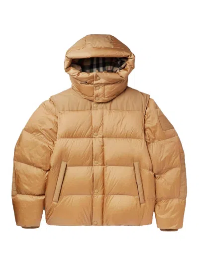 Pre-owned Burberry Men's  Detachable Sleeve Check Hooded Puffer Jacket In Honey In Brown