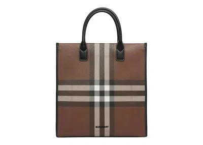 Pre-owned Burberry Men's  Exaggerated Check Slim Vertical Denny Tote In Dark Birch Brown/black