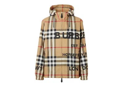 Pre-owned Burberry Men's  Horseferry Print Check Nylon Hooded Jacket In Archive Beige
