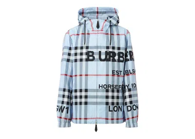 Pre-owned Burberry Men's  Horseferry Print Check Nylon Hooded Jacket In Pale Blue