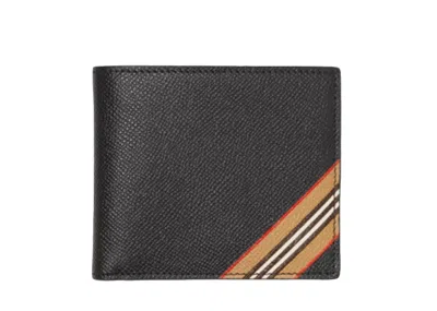 Pre-owned Burberry Men's  Icon Stripe Leather International Bifold Wallet In Black