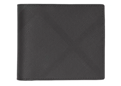 Pre-owned Burberry Men's  International Bifold Wallet London Check And Leather (8 Card Slot) In Dark Charcoal In Gray