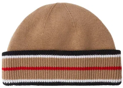 Pre-owned Burberry Men's  Knitted Icon Stripe Beanie In Camel In Brown
