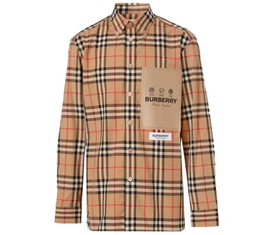 Pre-owned Burberry Men's  Label Applique Check Cotton Poplin Shirt In Archive Beige In Brown