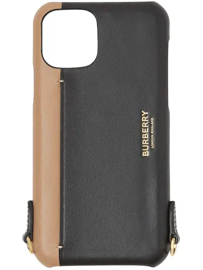 Pre-owned Burberry Men's  Leather Iphone 11 Pro Phone Case With Strap In Black Tan In Multi
