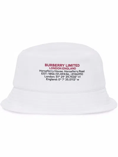 Pre-owned Burberry Men's  Location Print Cotton Bucket Hat In White
