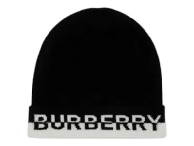 Pre-owned Burberry Men's  Logo Intarsia Beanie In Black White