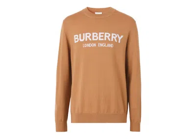 Pre-owned Burberry Men's  Logo Intarsia Wool Blend Sweater In Camel/white