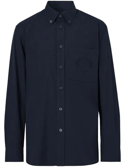 Pre-owned Burberry Men's  Logoembroidered Longsleeved Shirt In Midnight Blue