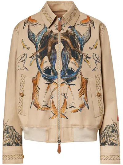 Pre-owned Burberry Men's  Marine Sketchprint Harrington Jacketin Beige