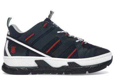 Pre-owned Burberry Men's  Mesh Nubuck Union Sneakers In Navy Blue/red In Multi