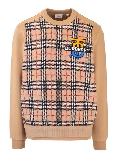 Pre-owned Burberry Men's  Monogram Motif Check Panel Sweatshirt In Beige