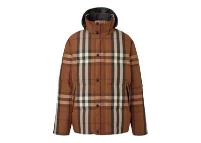 Pre-owned Burberry Men's  Packaway Hoodie Reversible Check Nylon Puffer Jacket In Dark Birch Brown