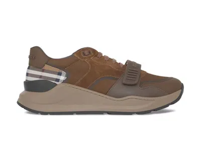 Pre-owned Burberry Men's  Ramsey Check Suede Sneakers In Brown