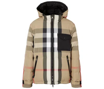 Pre-owned Burberry Men's  Reversible Check Nylon Puffer Jacket In Black Archive Beige In Brown