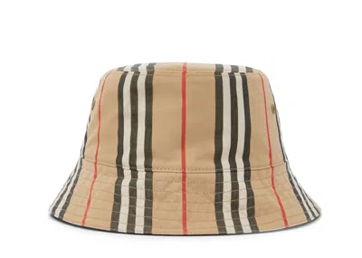 Pre-owned Burberry Men's  Reversible Icon Stripe Cotton Bucket Hat In Archive Beige In Brown