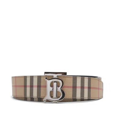 Pre-owned Burberry Men's  Reversible Monogram Motif Vintage Check Belt 1.4 Width In Archive Beige
