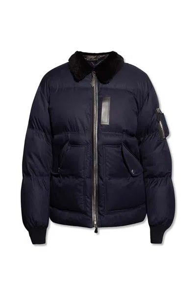 Pre-owned Burberry Men's  Shearling Collar Cotton Gabardine Puffer Jacket In Navy Blue