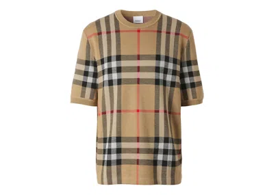 Pre-owned Burberry Men's  Shortsleeve Check Silk Wool Jacquard Top In Archive Beige