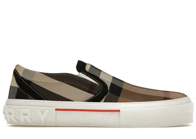 Pre-owned Burberry Men's  Slip On Sneakers Exaggerated Checkin Birch Brown/white