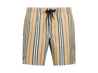 Pre-owned Burberry Men's  Striped Check Print Swim Shorts In Beige/brown