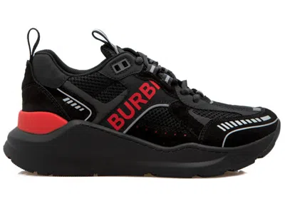 Pre-owned Burberry Men's  Suede And Mesh Sneakersin Black/bright Red