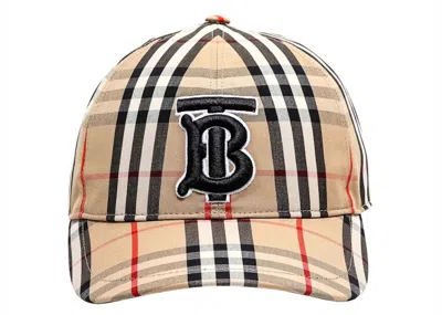 Pre-owned Burberry Men's  Tb Logo Check Cap (8038504) In Archive Beige In Brown