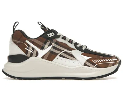 Pre-owned Burberry Men's  Vintage Check Cotton And Leather Sneakersin Dark Birch Brown/white In Multi