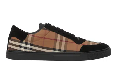 Pre-owned Burberry Men's  Vintage Check Cotton And Suede Sneakersin Birch Brown/black
