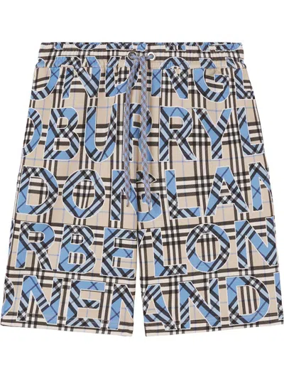 Pre-owned Burberry Men's  Vintage Check Drawstring Shorts In Archive Beige Blue