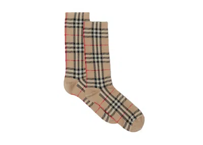 Pre-owned Burberry Men's  Vintage Check Intarsia Cotton Cashmere Blend Socks In Archive Beige In Brown