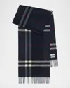 Burberry Dark Blue Cashmere Scarf With Check Pattern Men In Black