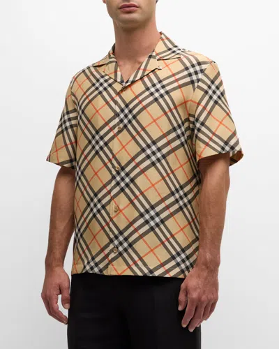 Burberry Men Short Sleeved Check Cotton Shirt In Neutral
