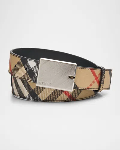 Burberry Men's Check Canvas And Leather B-cut Buckle Belt In Sand/sand Ip Check